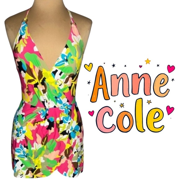 Anne Cole Swim Dress multicolor cabana party  pink yellow aqua green white 6 - Picture 1 of 10